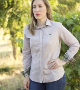 camisa señora beige cuadros caza verde huntfield